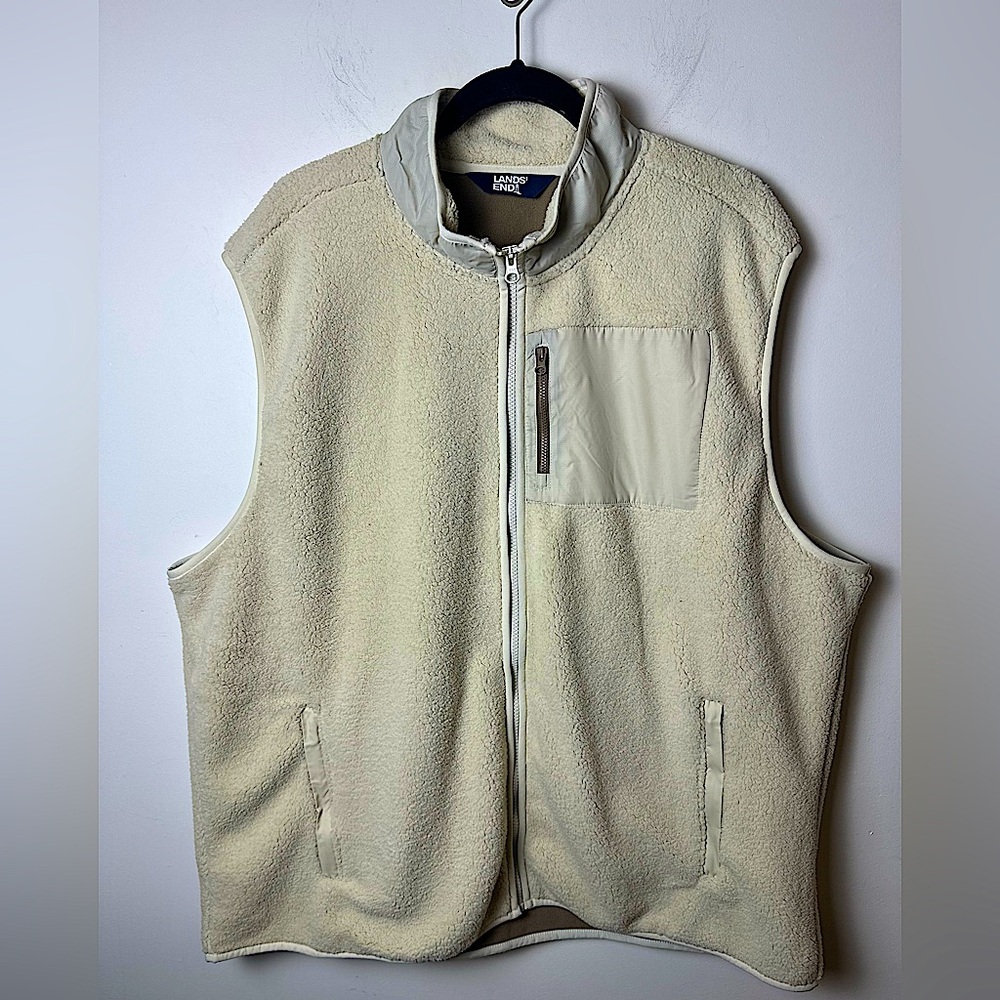 LANDS’ END Men’s Oyster Tan/Vintage Taupe Sherpa Fleece Vest - Size XXL (50-52)